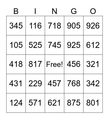 Place Value Bingo Card