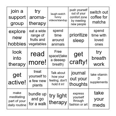 SAD Self Care Bingo Card