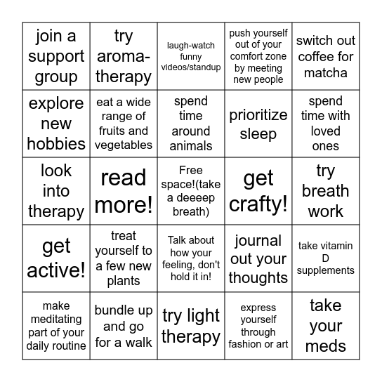 SAD Self Care Bingo Card