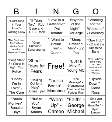 80s Music Bingo Round #4 Bingo Card