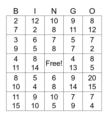 Fractions Bingo Card