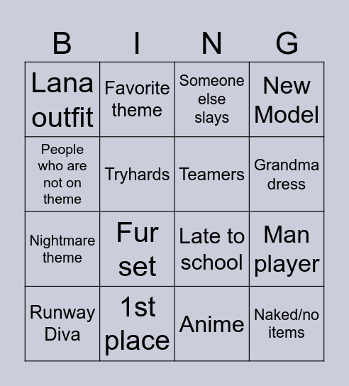 Dress To Impress Bingo Card