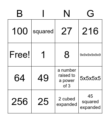 Exponents Bingo Card
