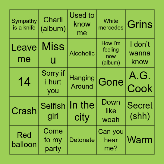 CHARLI XCX Bingo Card