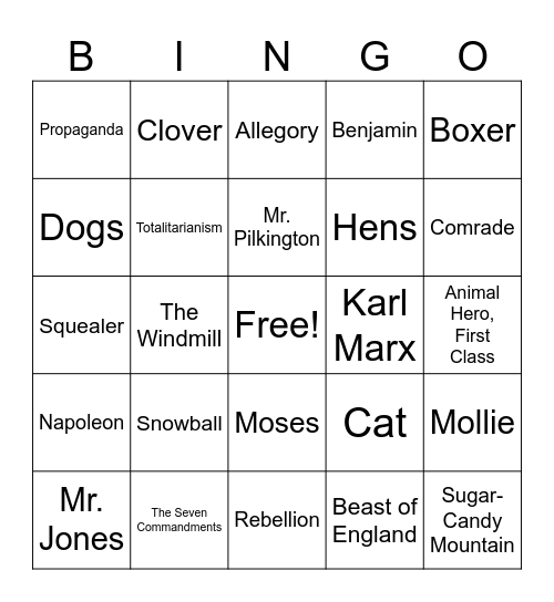 Animal Farm Bingo Card
