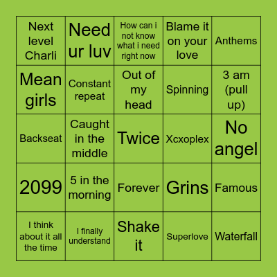 CHARLI XCX Bingo Card
