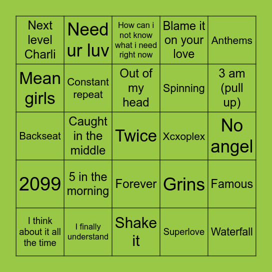 CHARLI XCX Bingo Card