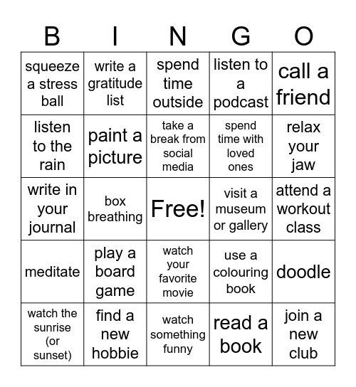 Self-Care Bingo Card