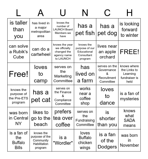 LAUNCH Board Retreat 2024! Bingo Card