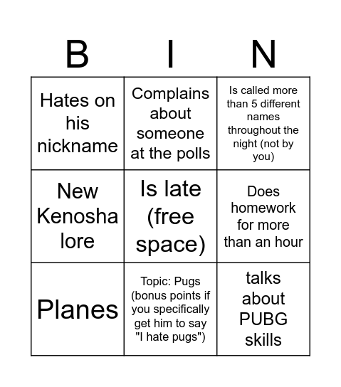 Ethanial Bingo Card