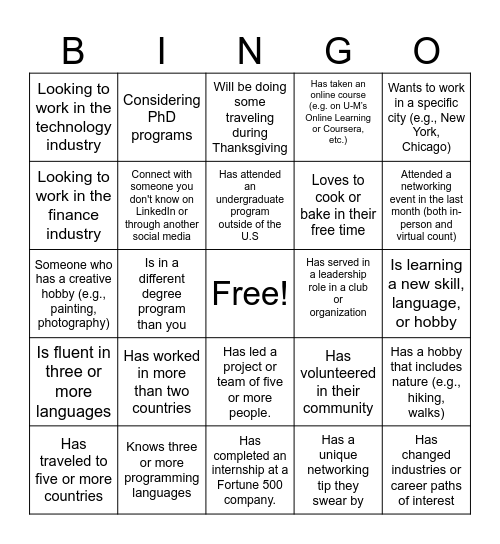 Networking Bingo Card