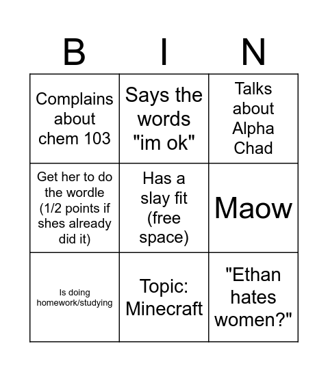 Emily Bingo Card