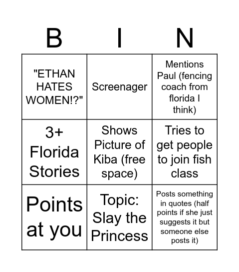 Jenna Bingo Card