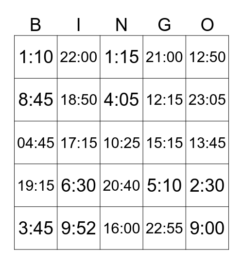 24-Hour Clock Bingo Card
