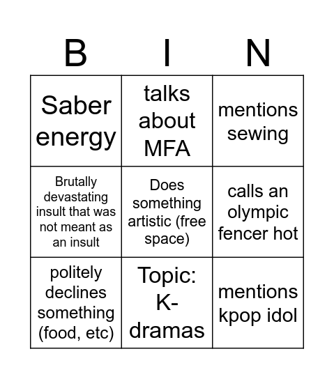 Sophia Bingo Card