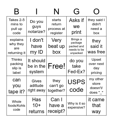 UPS Store Bingo Card