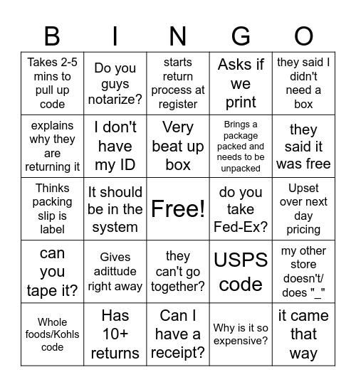 UPS Store Bingo Card