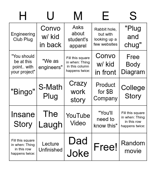 Humes Bingo Card