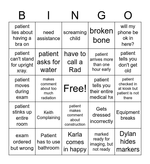 Austin Xray Bingo Card