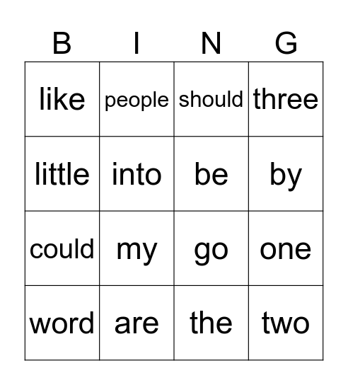 Tricky Word Bingo Card