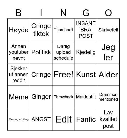 Reddit Bingo Card