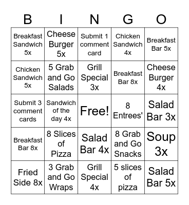 November Cafeteria BINGO Card