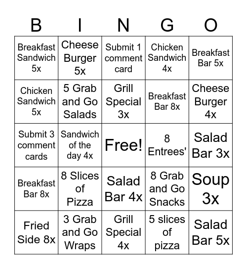 November Cafeteria BINGO Card