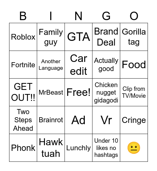 YT Shorts Bingo Card