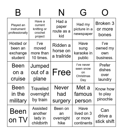 Life’s Colorful Experiences Bingo Card