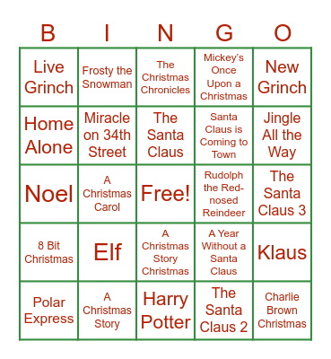 Christmas Movie Bingo Card