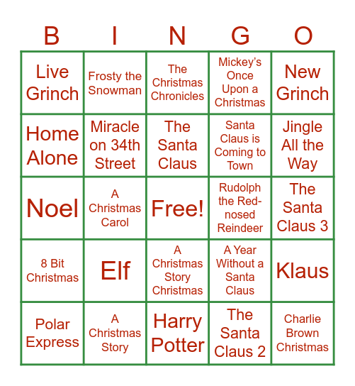 Christmas Movie Bingo Card