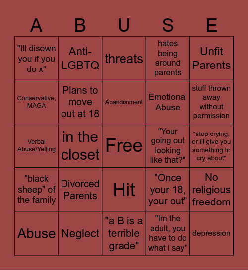 childhood trauma Bingo Card