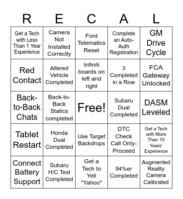 Recalibration Bingo Card