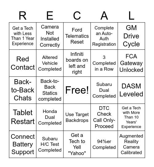 Recalibration Bingo Card