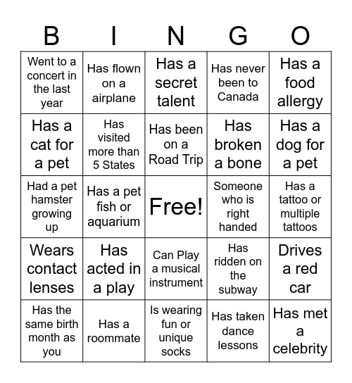 Ice Breaker Bingo Card