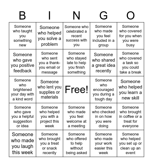 Gratitude Bingo Card