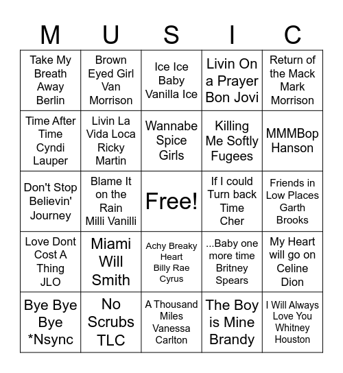 Throw Backs Bingo Card