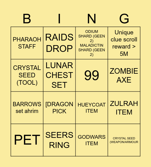 Runescape bingo! Bingo Card