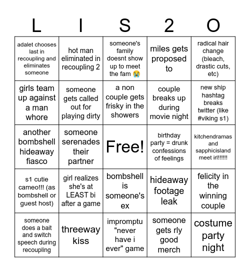 love island s2 Bingo Card