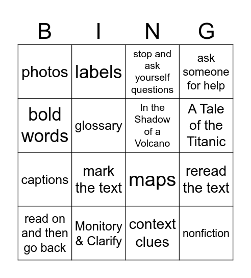 Reading Strategy:  Monitor & Clarify Bingo Card