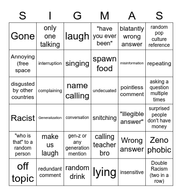 yummers bingo Card