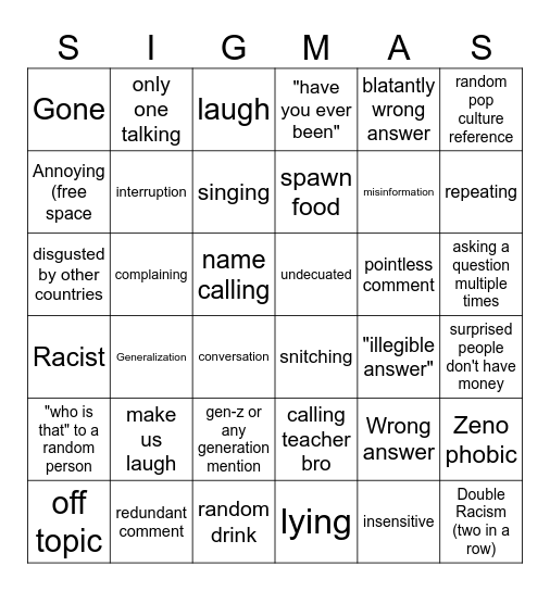 yummers bingo Card