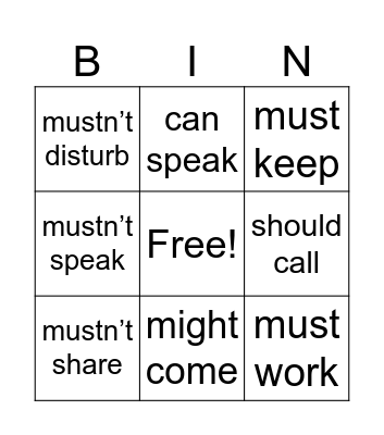 Modal Verbs Bingo Card