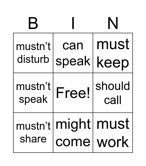 Modal Verbs Bingo Card