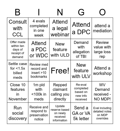 Claims Bingo Card
