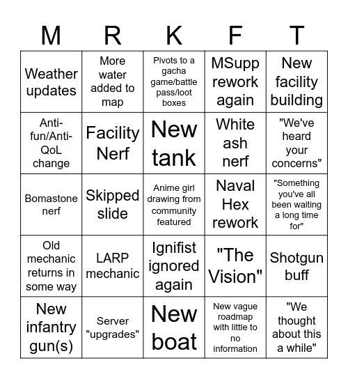 Dev Stream Bingo Card