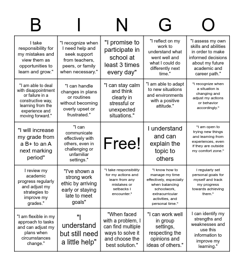 "Adaptive Behavior Bingo" Bingo Card