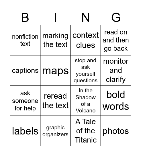 Monitor & Clarify (NF) Bingo Card