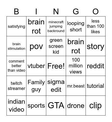 youtube Bingo Card
