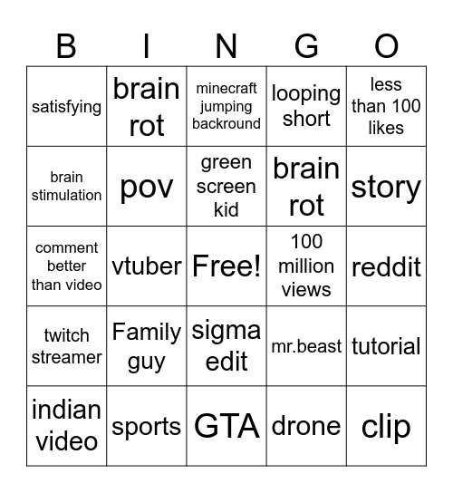 youtube Bingo Card